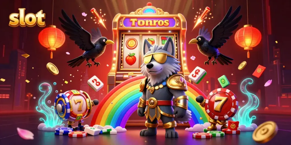 Slot yang berputar dan simbol beruntung dalam ilustrasi 3D, menggambarkan keseruan taruhan.