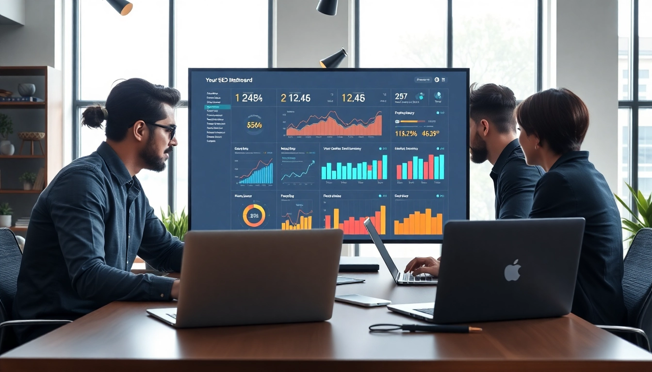 Team reviewing a website with built-in SEO dashboard metrics in a modern office.