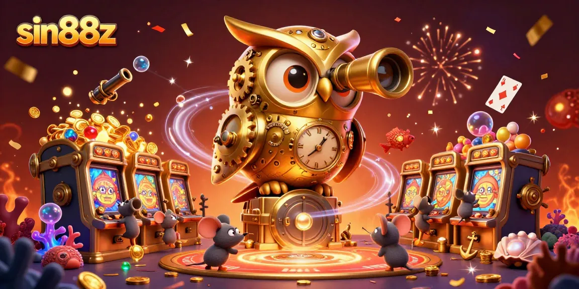 Experience exciting slots action at sin88z with a golden owl overseeing a bustling casino.