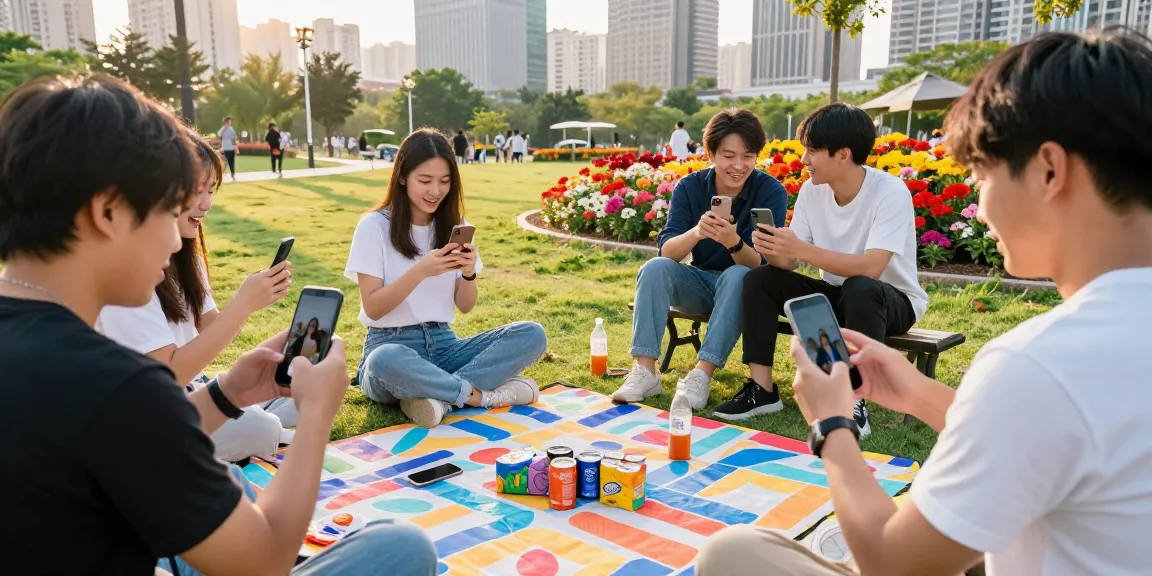 Group enjoying the attractiveness test at urban park, analyzing photos.