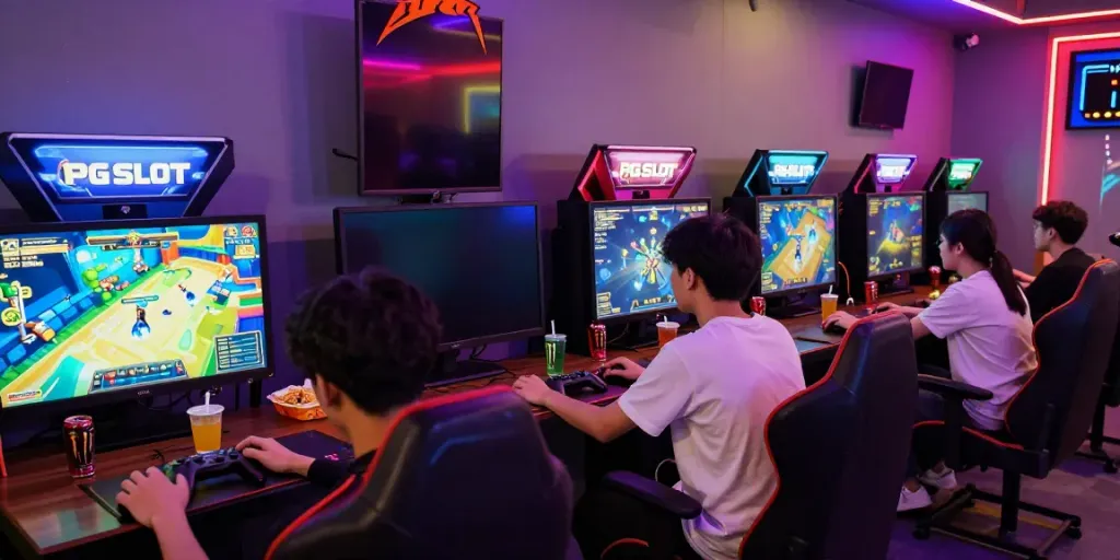 Players enjoying PG SLOT games in a vibrant gaming lounge setting.
