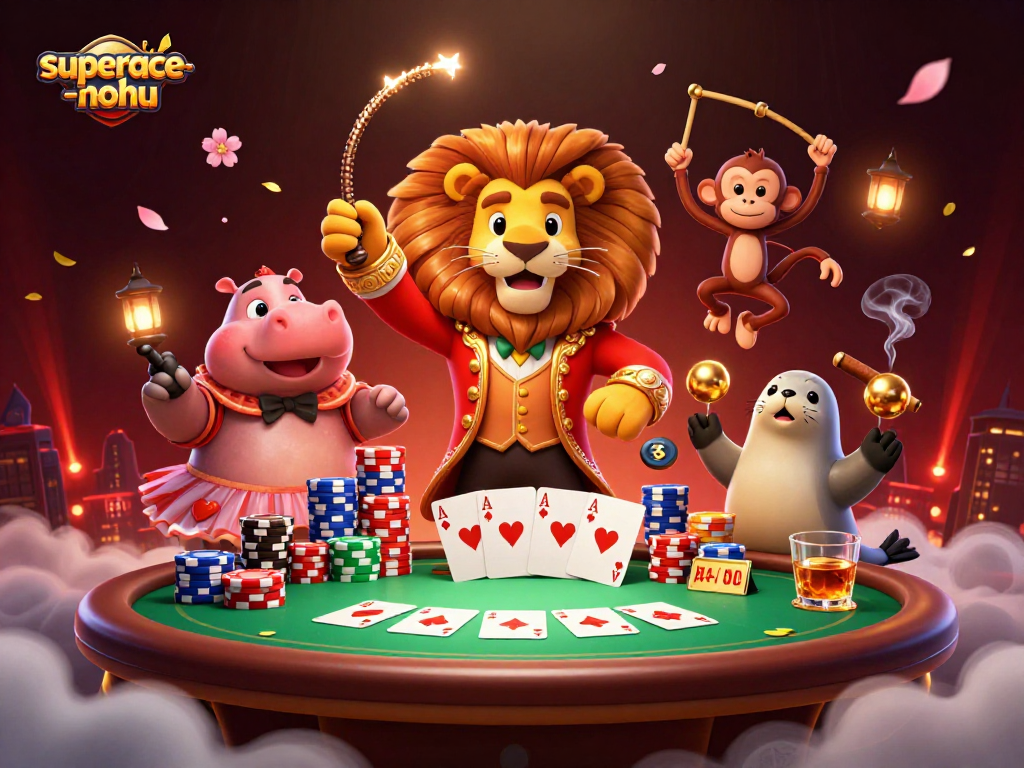 Experience the thrill of superace-nohu with casino characters and poker elements in a vibrant scene.