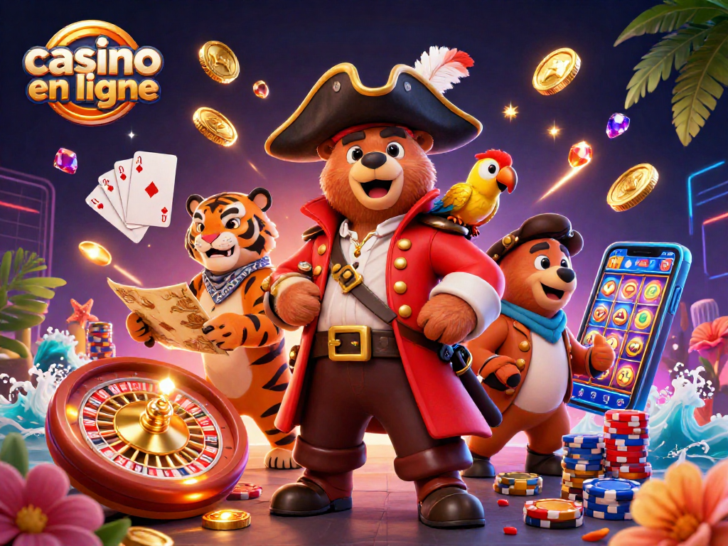 Vivez l'excitation du casino en ligne avec un ours pirate et un tigre, entourés de trésors brillants.