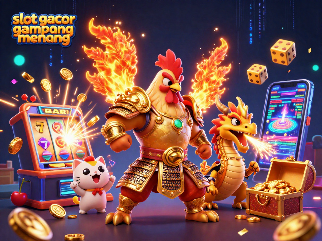 Experience slot gacor gampang menang with a vibrant 3D illustration of a rooster warrior beside a dragon hatchling.