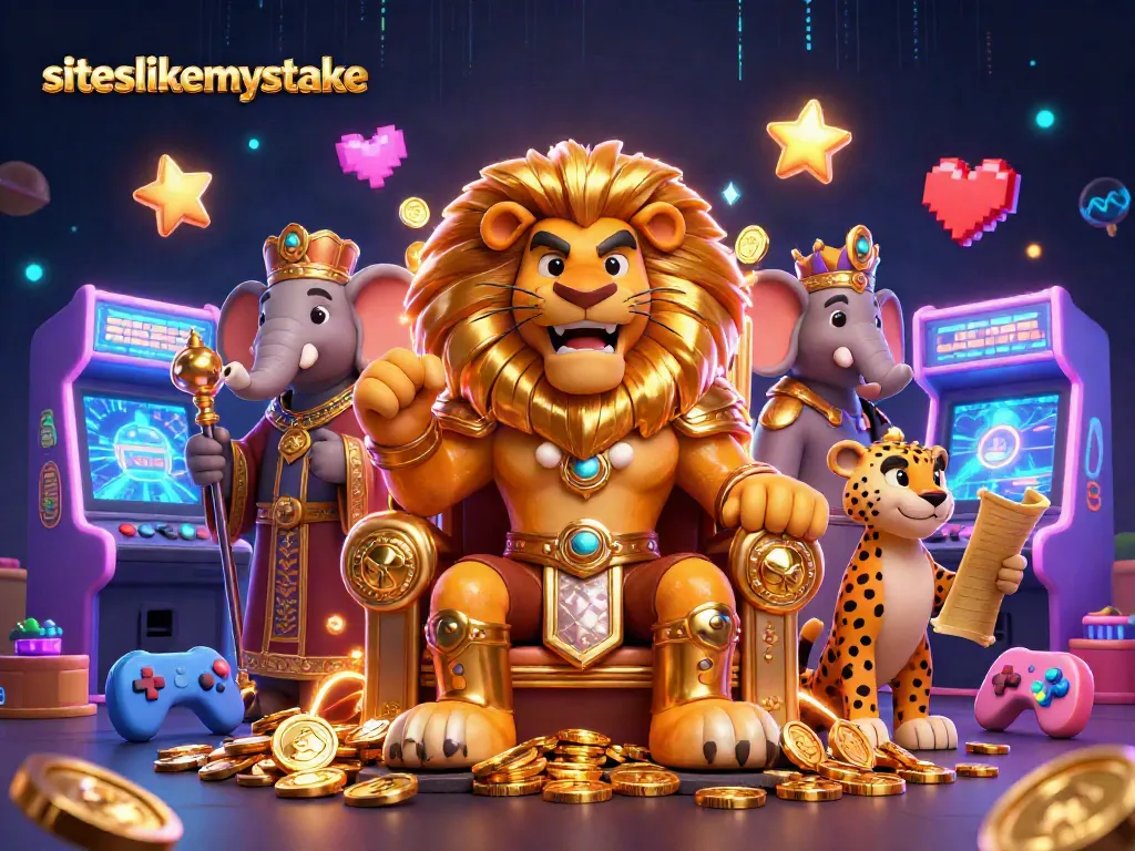 Engage with siteslikemystake through a vibrant 3D casino scene featuring a lion king and game elements.