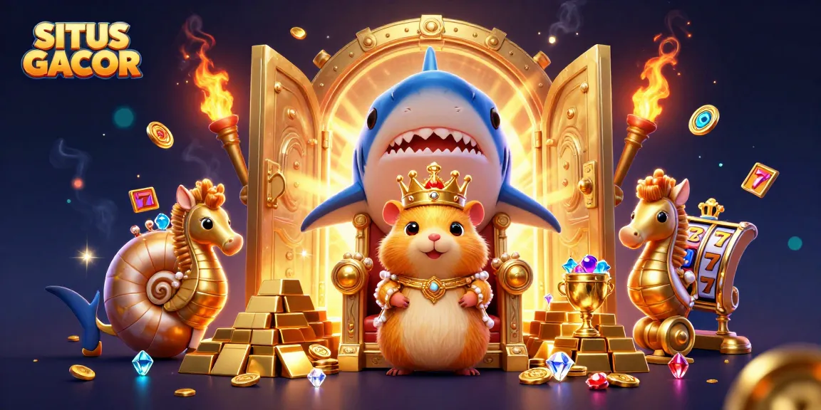 Spin to win at SITUS GACOR with a golden hamster king amidst dazzling treasures and slot machines.