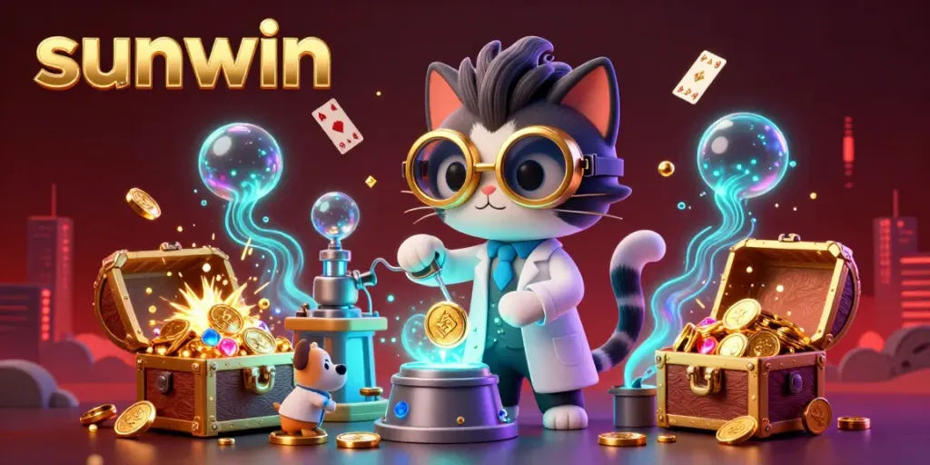 Join the fun at Sunwin with colorful gems and gold coins in this vibrant casino-themed illustration.