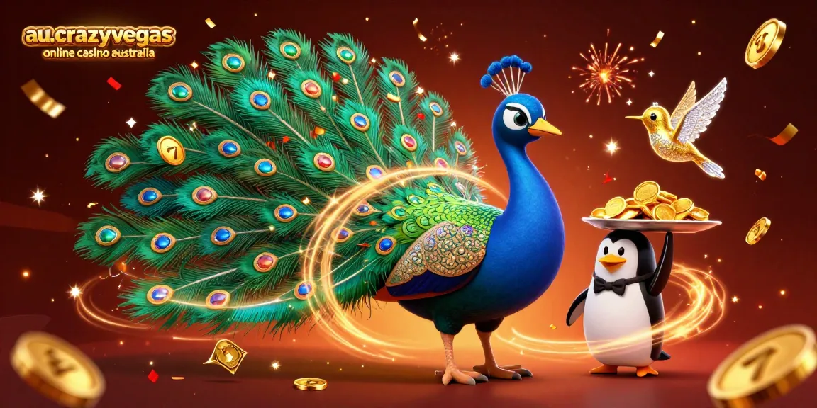 A 3D cartoon illustration celebrating the au.crazyvegas.com online casino Australia experience with vibrant peacock, penguin, and hummingbird characters amidst casino icons.