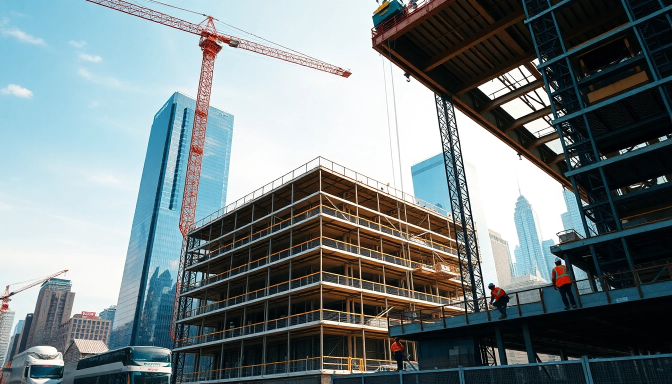 New York City Commercial General Contractor overseeing a bustling construction site with skyscrapers.