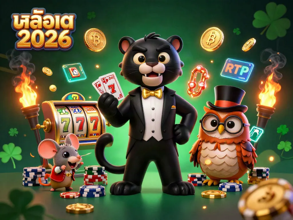 Engage in thrilling slots with stylish characters in a vibrant สล็อต 2026 themed scene, featuring a tuxedo-clad panther and more.