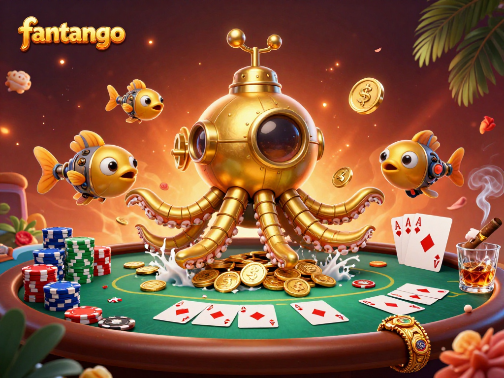 Experience the excitement of fantango with a golden kraken submarine amidst dynamic casino elements.