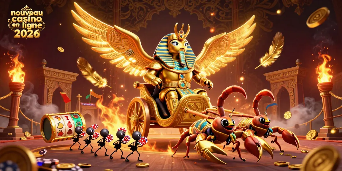 Visualisez le nouveau casino en ligne 2026 avec une illustration captivante du scarabée doré et des jeux d'argent.