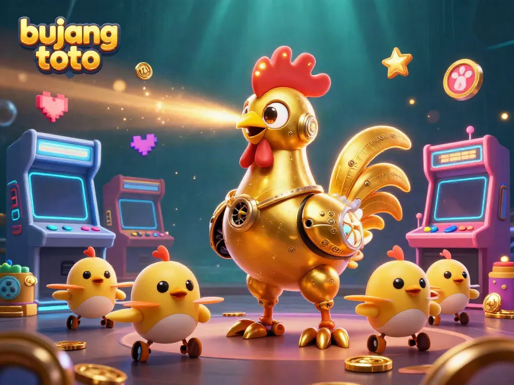 Engage in exciting gameplay with Bujang Toto, featuring a golden rooster robot and colorful gaming elements.