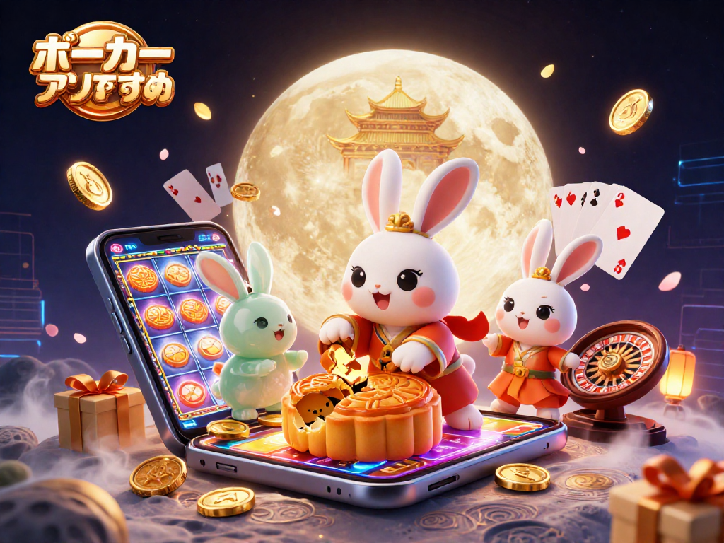 ポーカーアプリおすすめの国際色豊かなイラスト。月面でポーカーのチップを叩くウサギ達が描かれています。