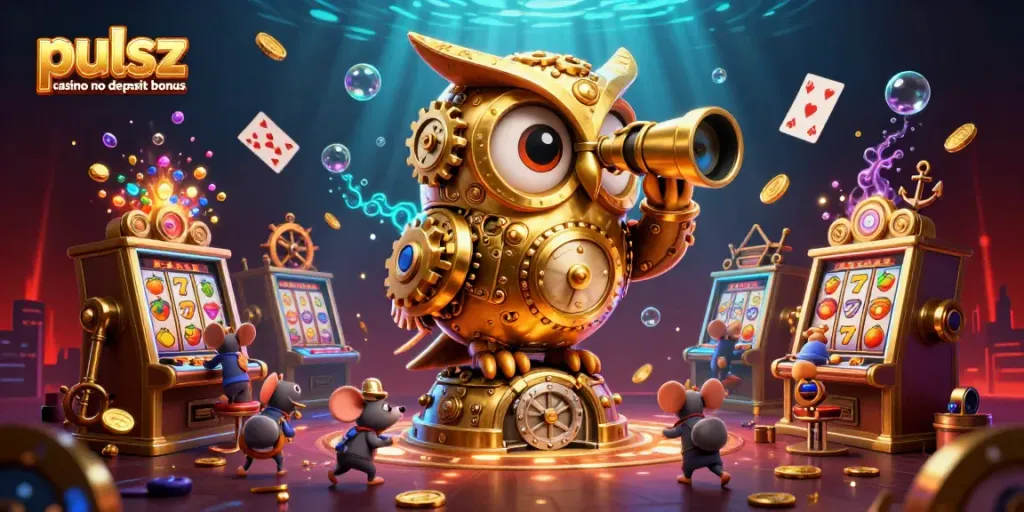 Pulsz casino no deposit bonus showcased as 3D cartoon golden owl in a vibrant casino scene filled with slot machines and gold coins.