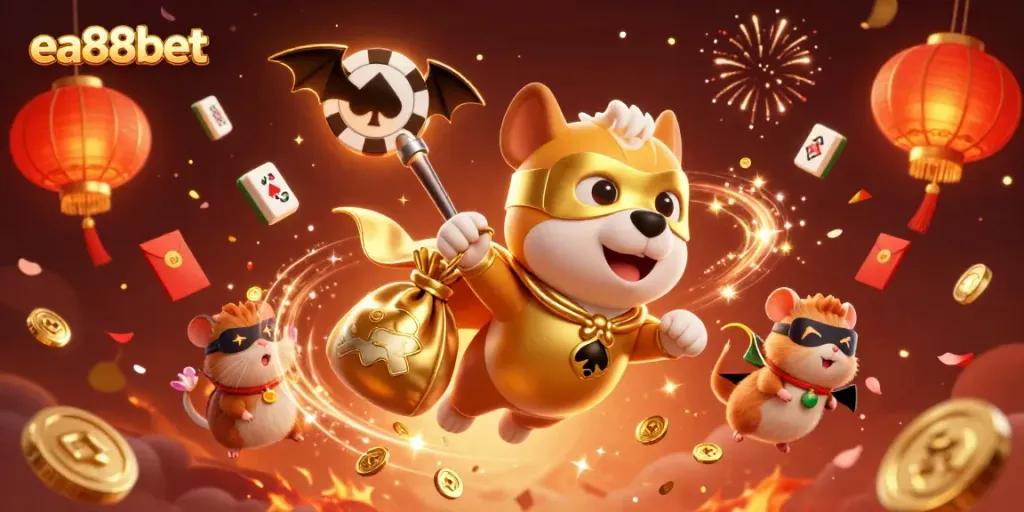 Experience the thrill of winning with ea88bet, featuring a superhero dog and vibrant casino elements.