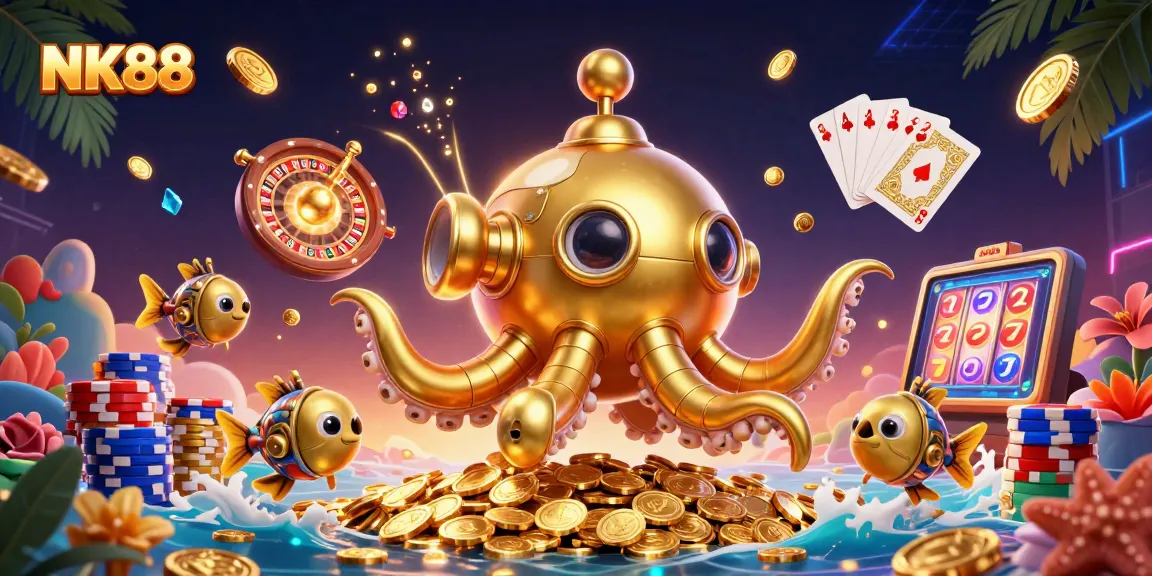 Experience the excitement of NK88 with a vibrant gaming scene featuring a golden kraken submarine and dazzling slots!