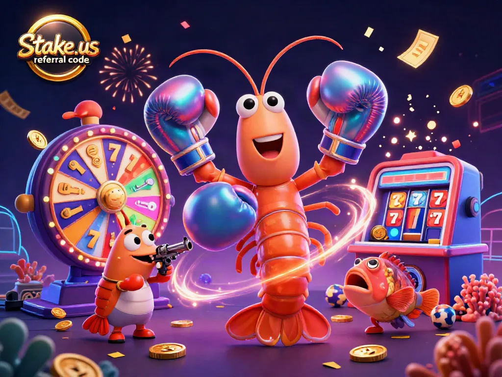 Win big with stake.us referral code in this vibrant casino-themed scene filled with excitement.