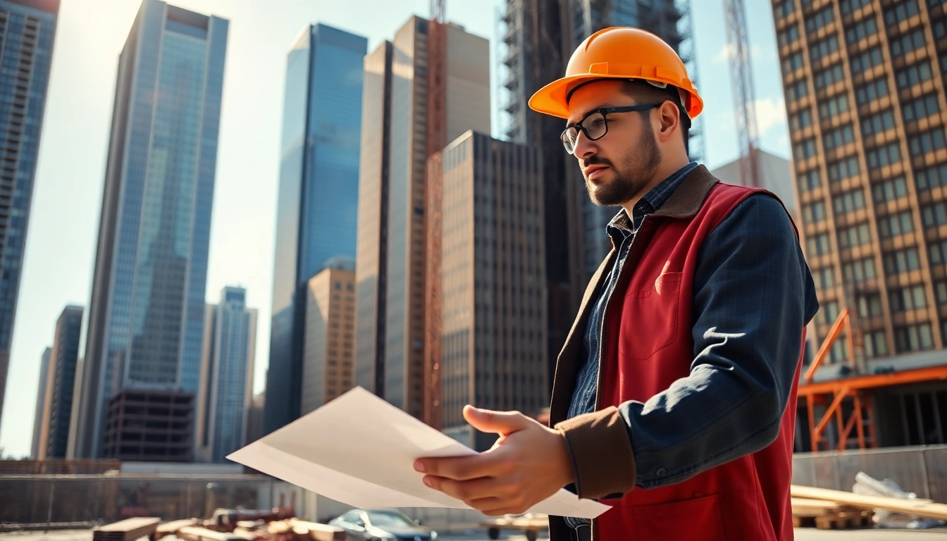 New York City Construction Manager overseeing a building project with urban skyline backdrop.