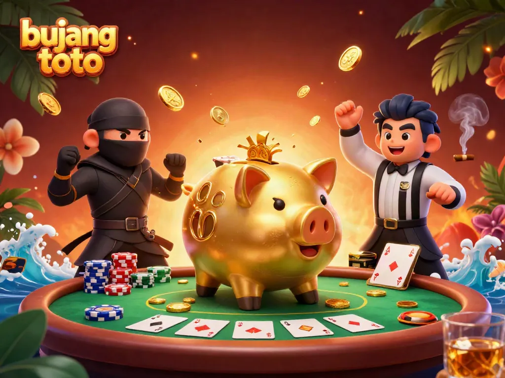 Bujang toto showcases a golden piggy bank sumo wrestler amidst a vibrant casino scene with poker chips.