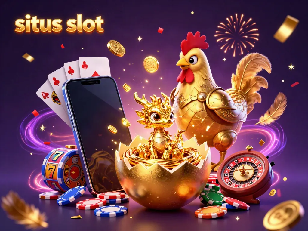 Ilustrasi warna-warni yang menampilkan situs slot dengan naga emas dan chip poker, menunjukkan kegembiraan bermain kasino.