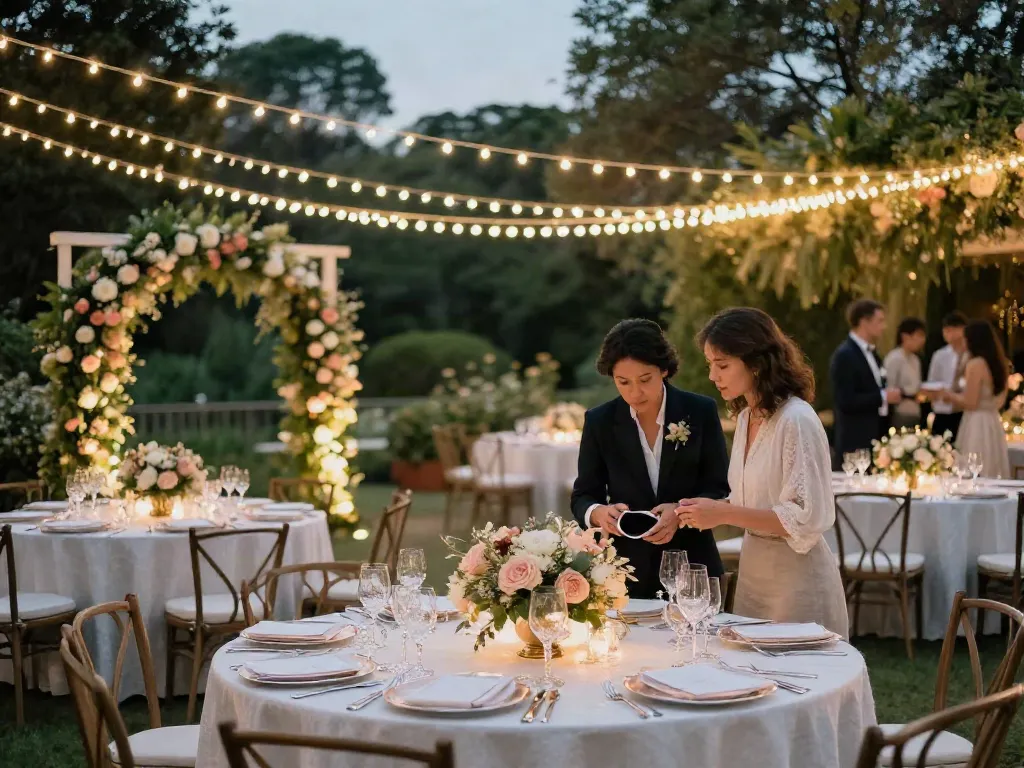 Event rentals showcasing luxurious outdoor wedding setup with elegant table arrangements and floral decor.