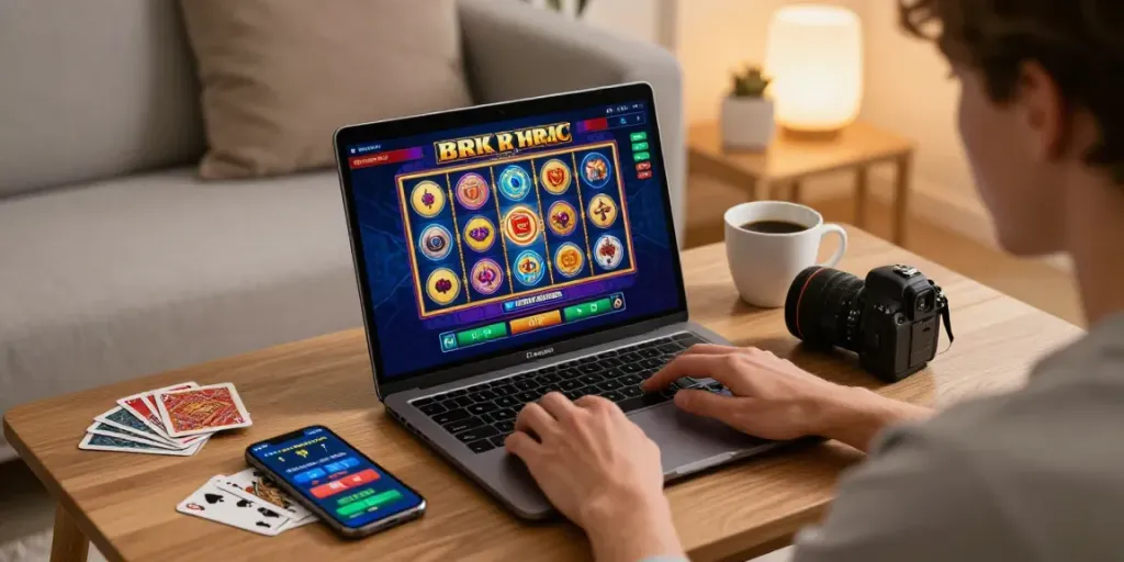 Engaging slot gacor gameplay on a laptop in a cozy home setting.