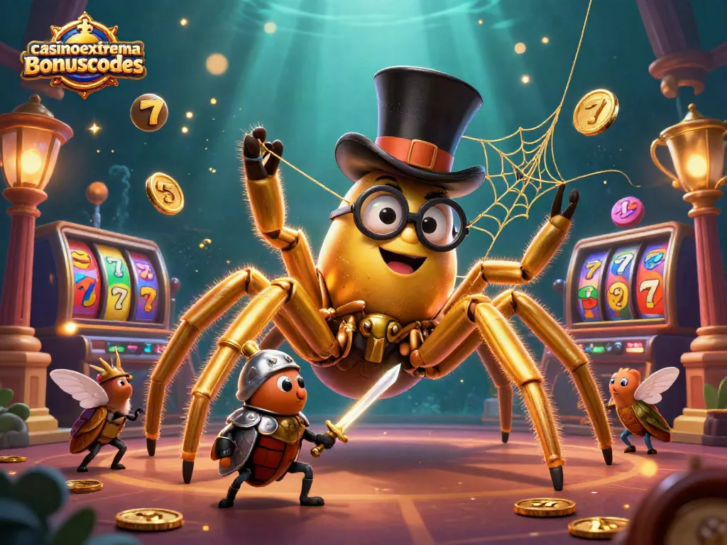 Engage with casinoextremebonuscodes through an illustrated scene showcasing thrilling slots, characters, and dynamic elements.