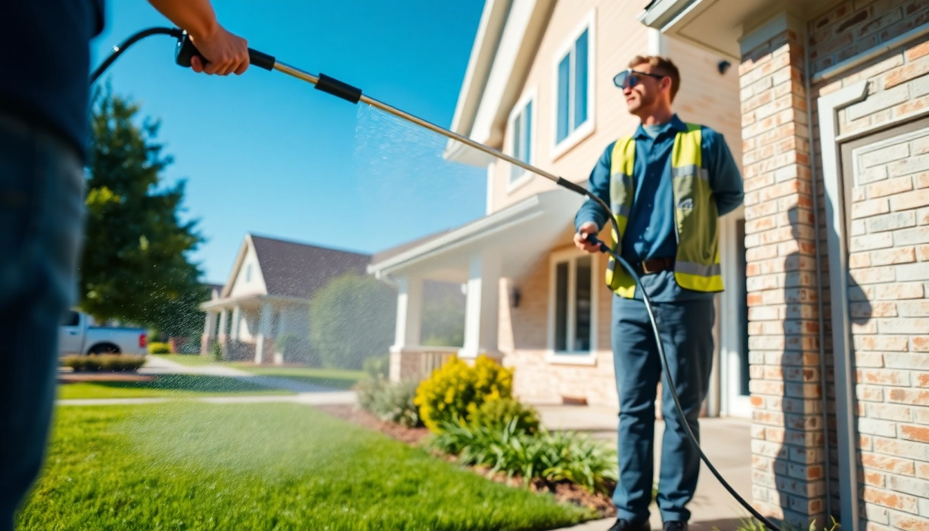 Technician performing House Washing on a bright, clean home exterior