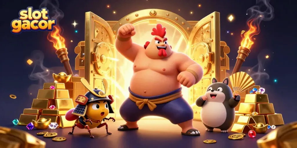 Experience the thrill of slot gacor with vibrant 3D characters in a dynamic casino-themed illustration.