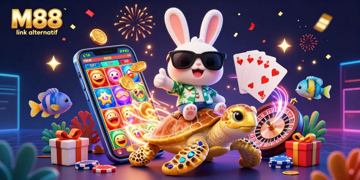 M88 link alternatif showcases a thrilling promotional scene with a lucky rabbit and golden turtle in a vibrant casino setting.