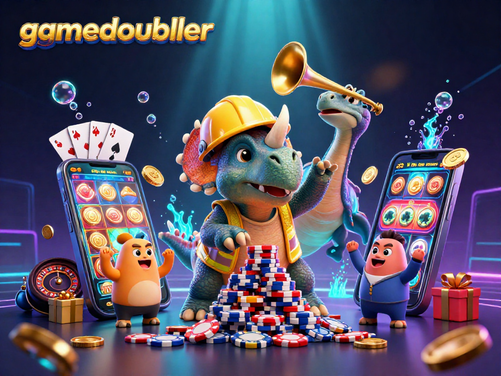 Experience gaming excitement at gamedoubler with animated characters building poker chip towers and gaming action.