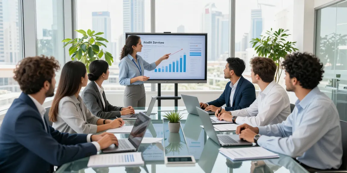 Audit Services in Dubai team collaborating in modern office, showcasing expertise and professionalism.