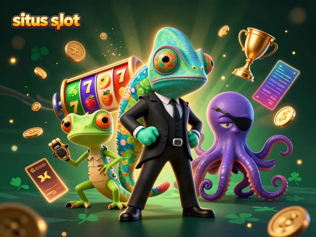 Visualisasi menarik tentang situs slot dengan agen rahasia kartun dan elemen slot yang dinamis.