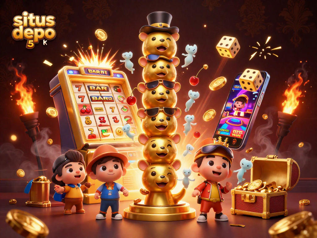 Win big with situs depo 5k as slot machines burst with light and coins, showcasing top online gambling.