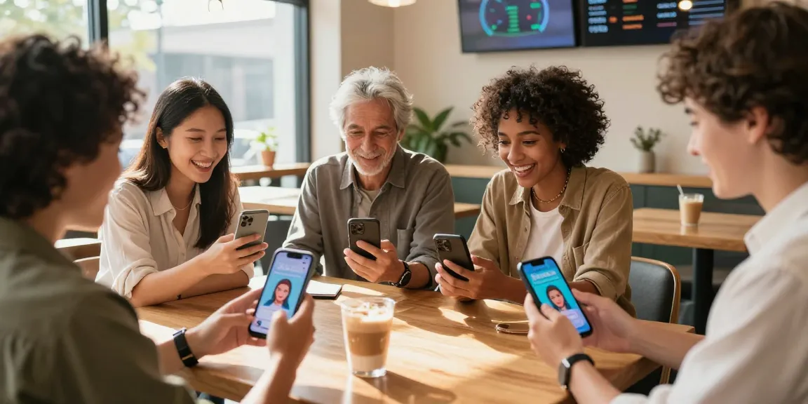 Group of diverse individuals using an AI tool to see how old do I look in a vibrant café, showcasing engaging technology.