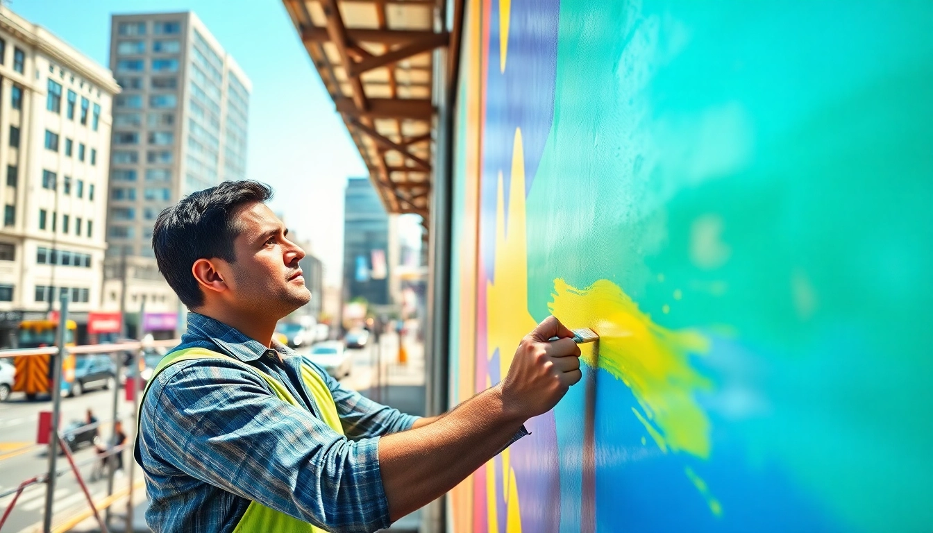 Enhancing a vibrant painting commercial in an urban setting with bright colors and skilled craftsmanship.