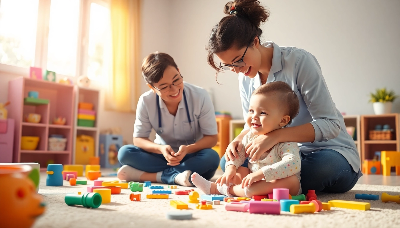 Engaging early intervention ABA session between a therapist and a child in a colorful playroom.