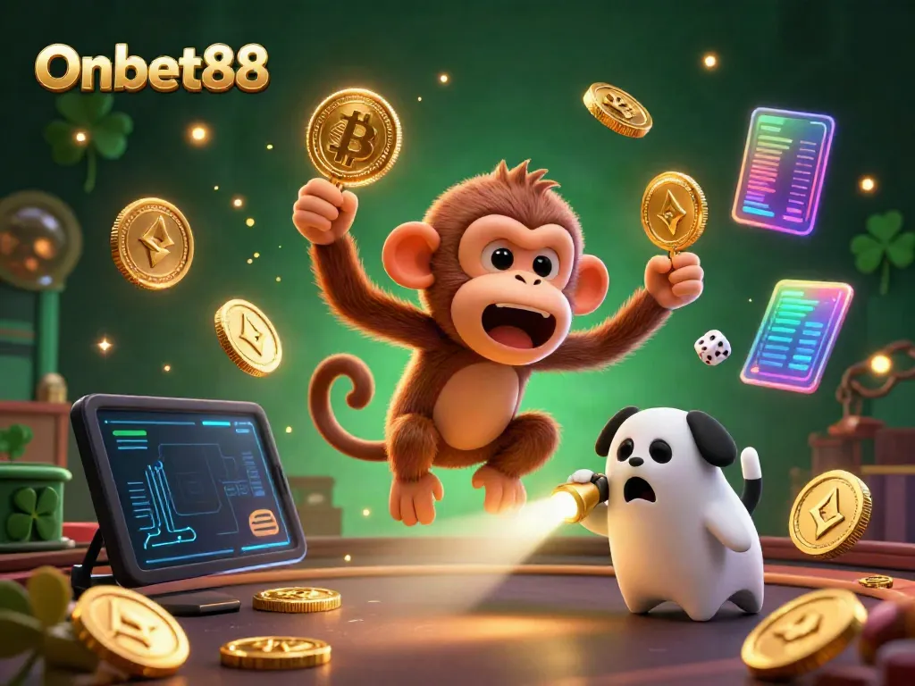 Experience Onbet88's vibrant gaming atmosphere with a playful ghost monkey amidst gold coins and digital elements.