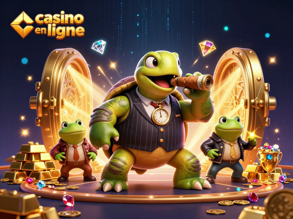 Gagnez au casino en ligne avec notre illustration dynamique mettant en scène une tortue et des grenouilles.