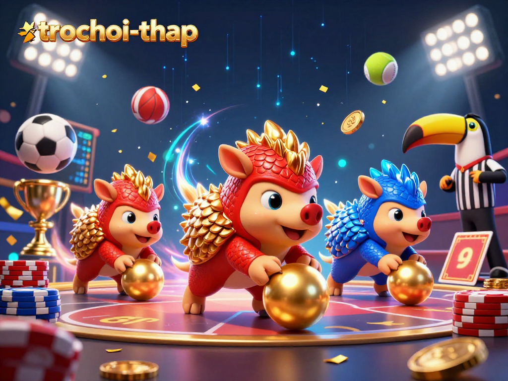 Engage in trochoi-thap with lively pangolins bowling over poker chips amidst vibrant casino elements.