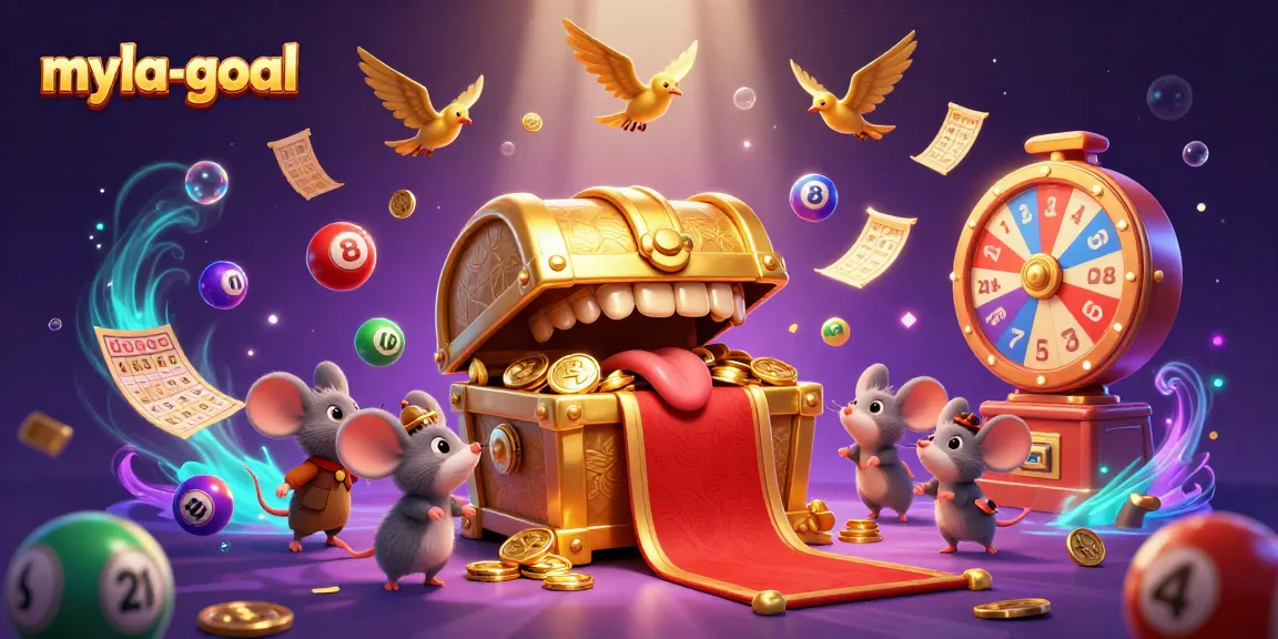 Experience the thrill of myla-goal with vibrant lottery elements and a treasure chest promising riches.