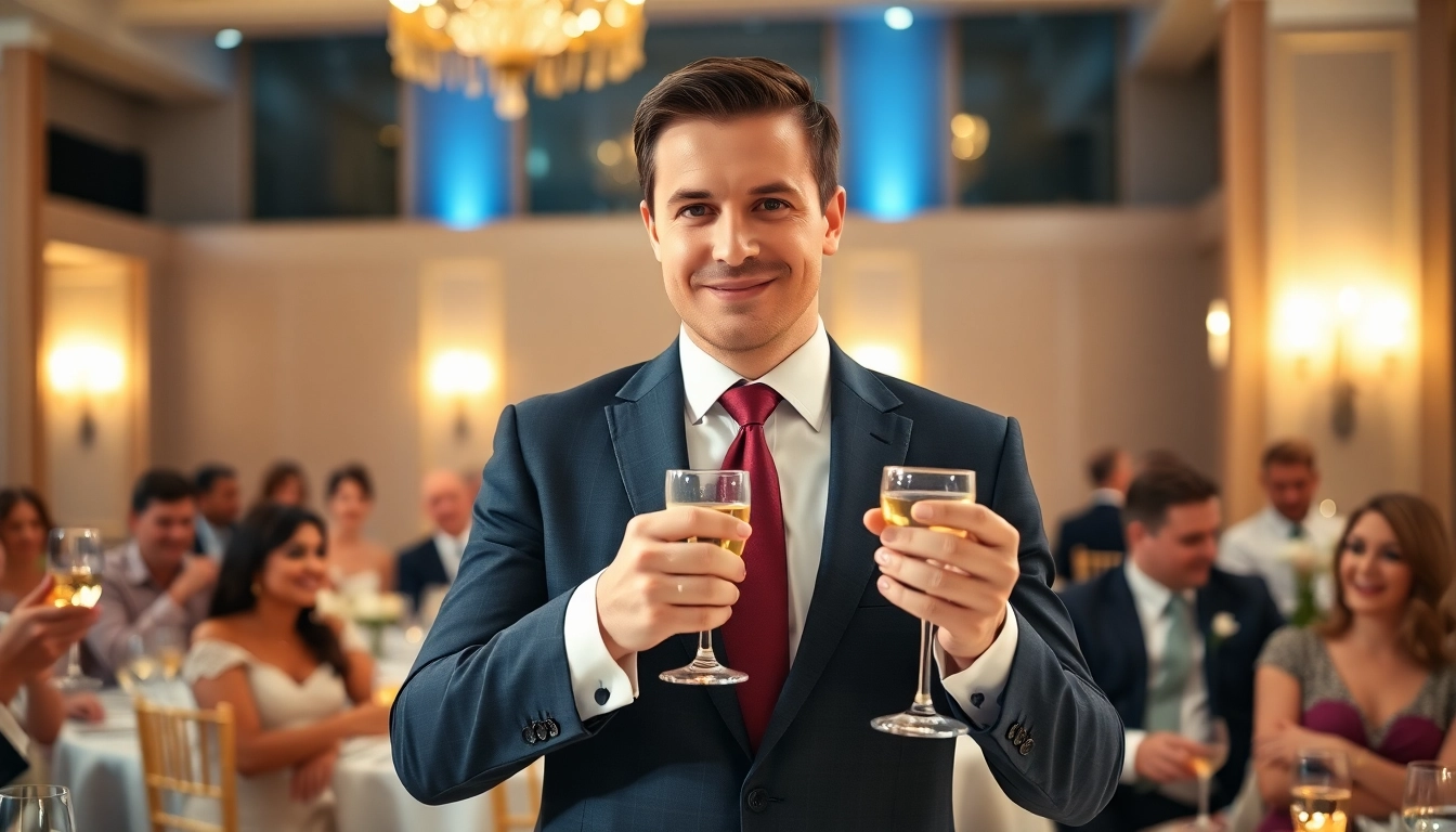Gentleman giving a toast at a wedding, surrounded by engaged guests, creating a joyful atmosphere.