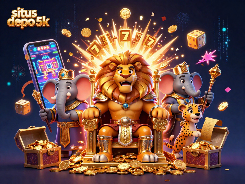 Play exciting games at situs depo 5k with a lively scene of a lion king, elephant advisor, and cheetah messenger.