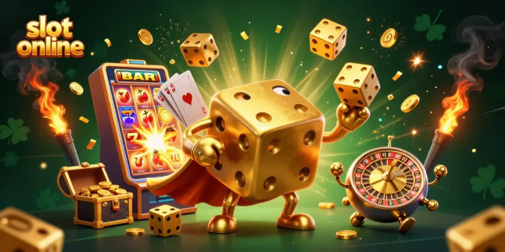 Mainkan slot online dengan karakter unik dan mesin slot yang memukau, semua dalam satu ilustrasi berwarna.
