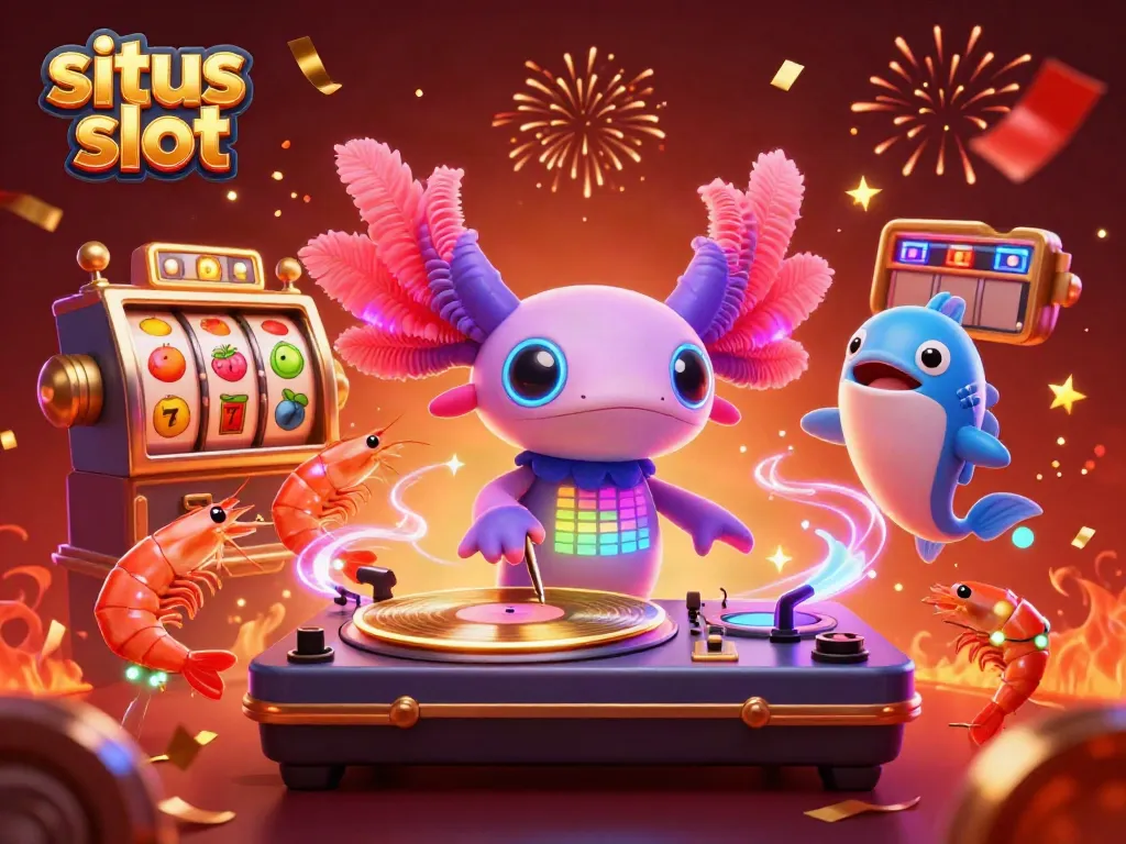 Animasi slot situs slot dengan karakter menghibur di latar belakang yang meriah.