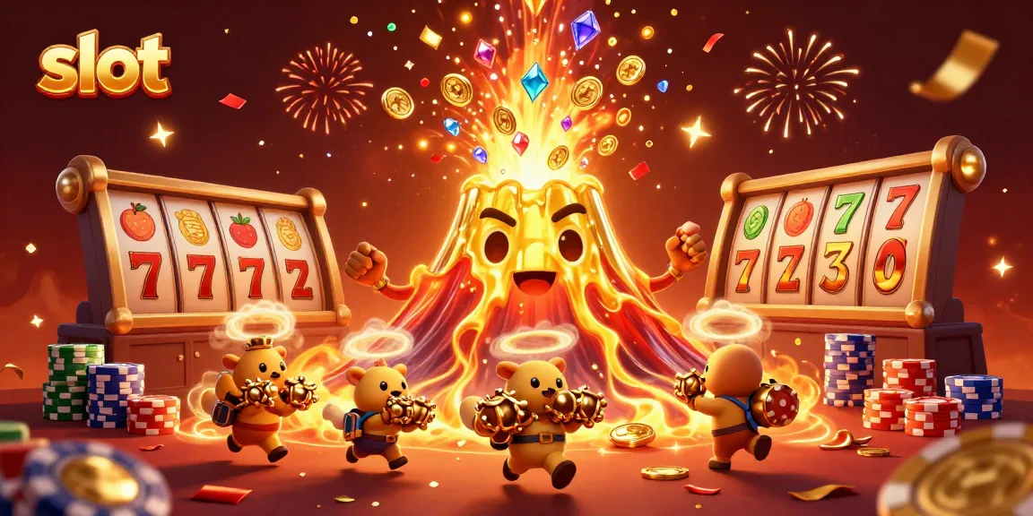 Spin slot reels and unleash jackpots with a golden volcano and treasure in this vibrant digital illustration.