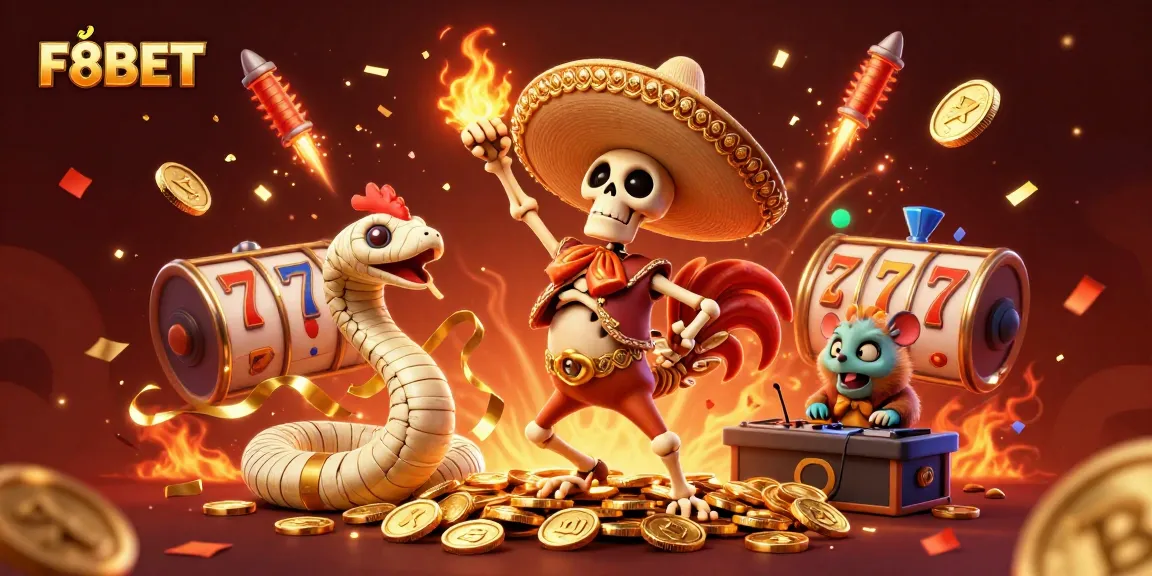 Experience thrilling wins with F8BET in a vibrant casino atmosphere featuring joyous characters and rich game elements.