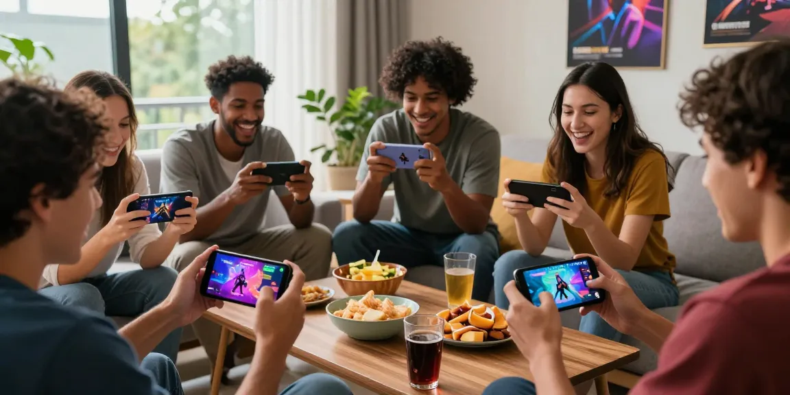 A diverse group playing MANTRA88 mobile game in a lively home setting, showcasing excitement and gaming culture.