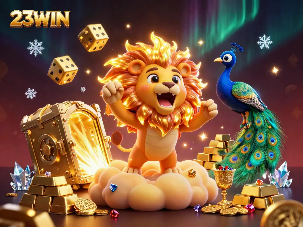 Experience thrilling bets with 23WIN, showcasing a vibrant casino atmosphere and rich treasures.